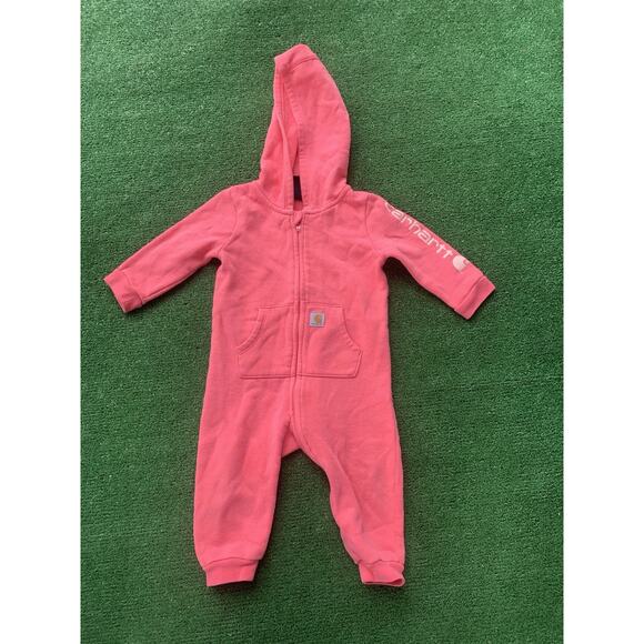 Carhartt Long Sleeve Fleece Zip Front Hooded Coverall Infant Sz 6M Pink Pockets - Picture 1 of 6